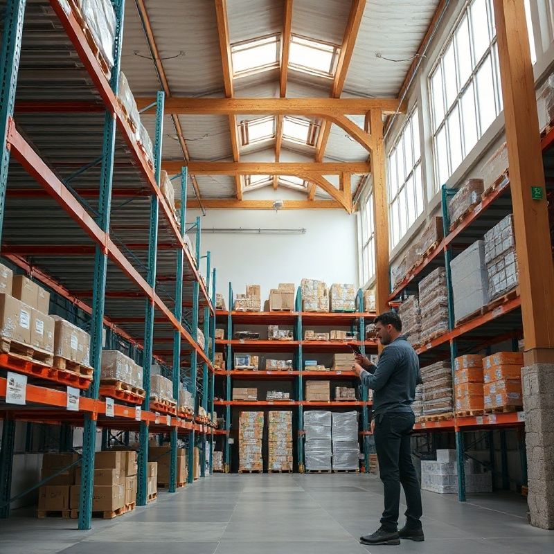 Modern warehouse interior with teal-accented racking and worker scanning a carton